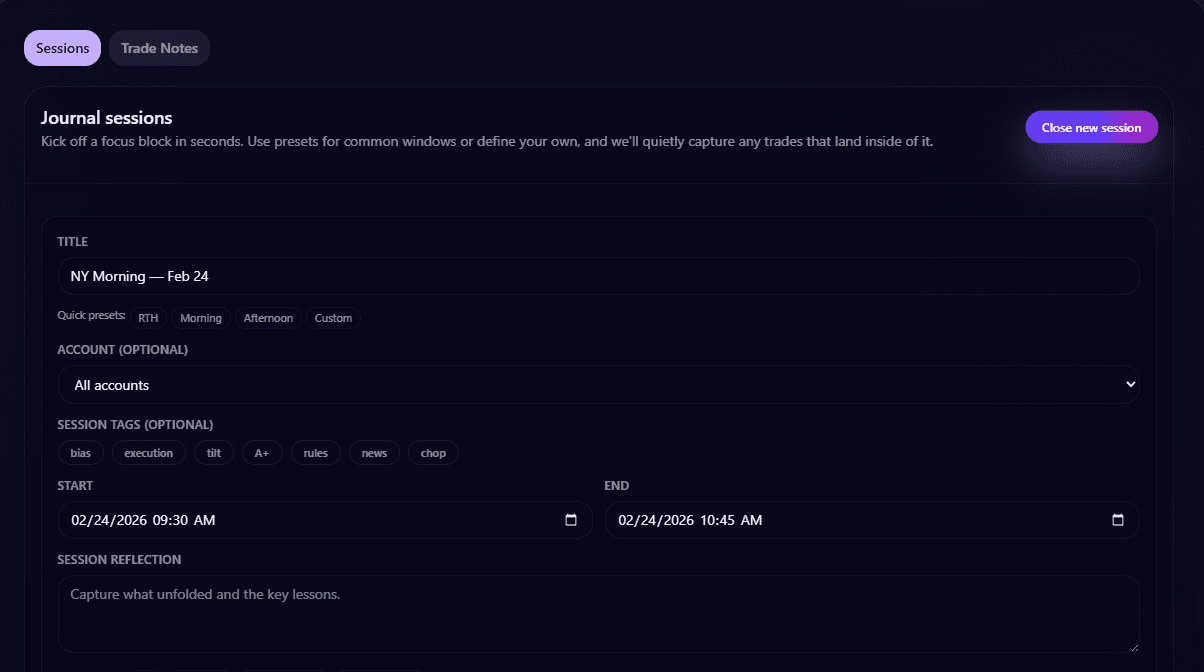 Create session form preview