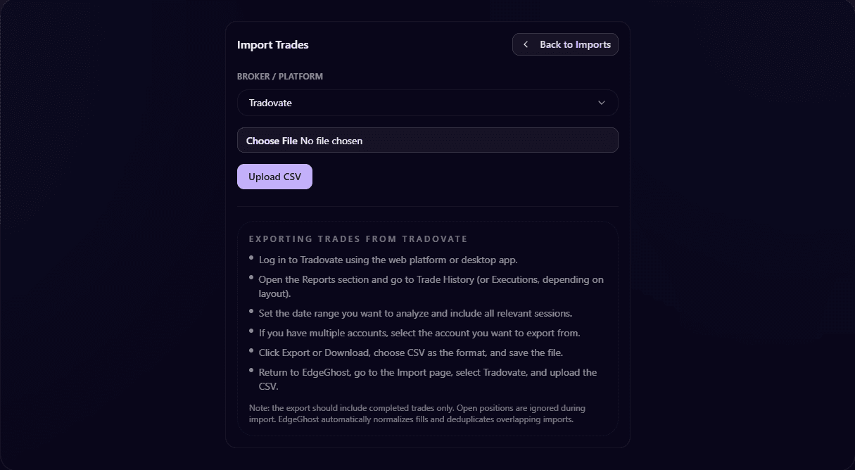 Import trades upload screen preview